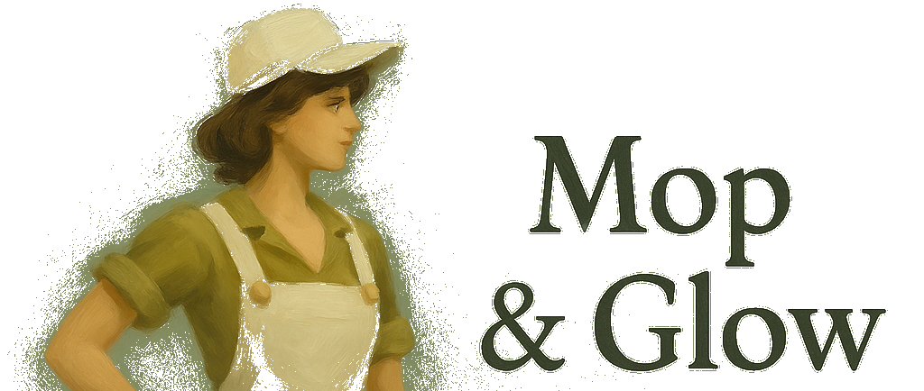 Mop & Glow - Professional Cleaning Lady Illustration in Beautiful Sage Green